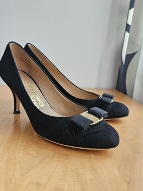 Salvatore Ferragamo Black Suede Bow Pumps